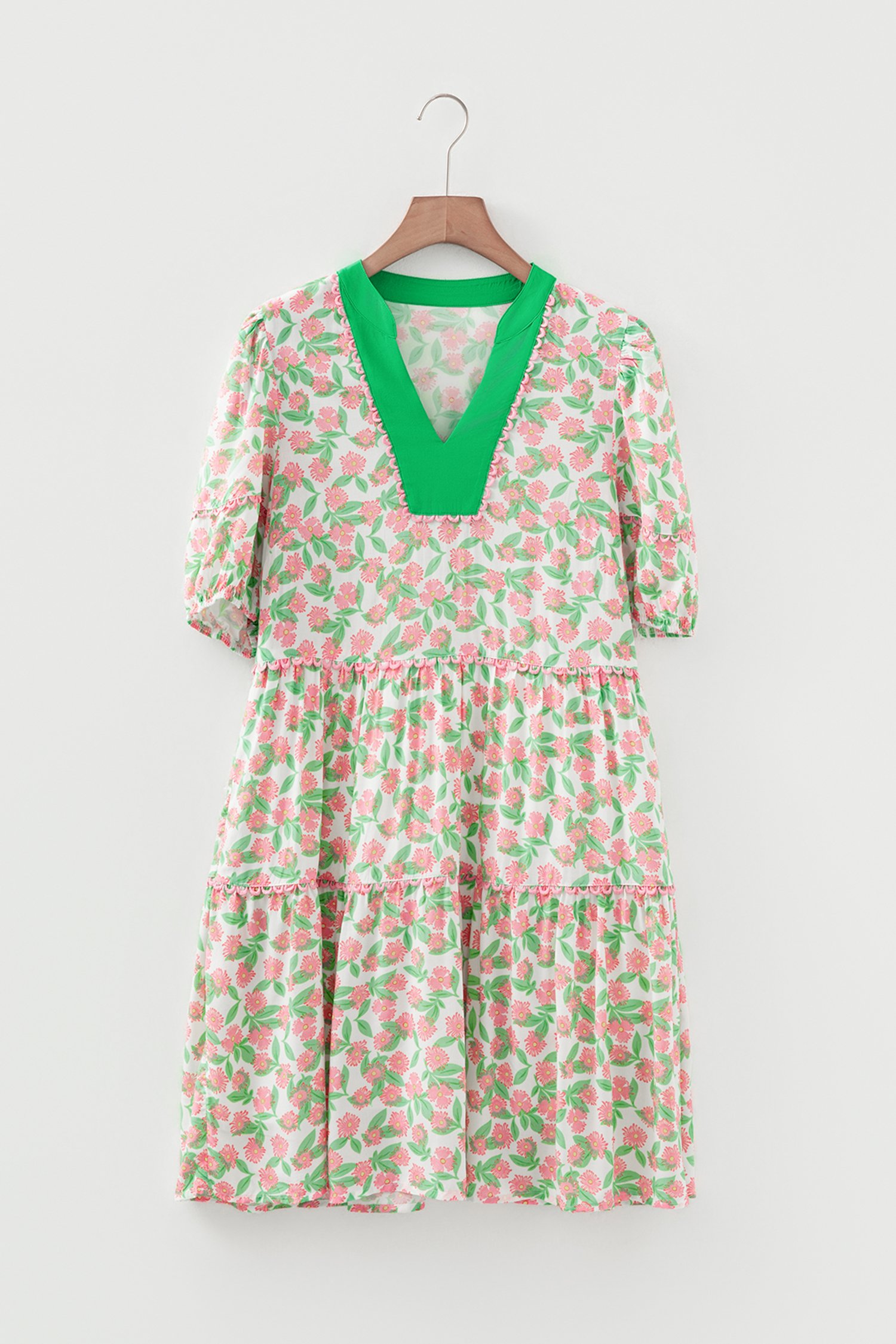 Green Contrast Neckline Ricrac Trim Floral Short Puff Sleeve Dress - Image 6