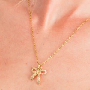 Gold Plated Rhinestone Bowknot Pendant Necklace