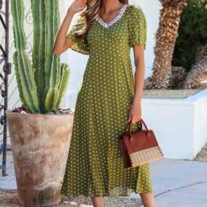 Green Polka Dot Print Lacy Neckline Smocked High Waist Maxi Dress