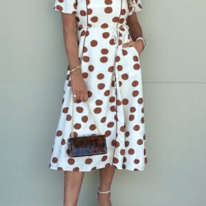 White Polka Dot Printed V Neck Short Sleeve Tie Waist Midi Dress