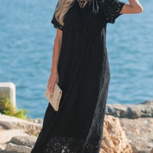 Black Floral Lace Overlay Tassel Tie Short Sleeve Beach Vacation Loose Maxi Dress