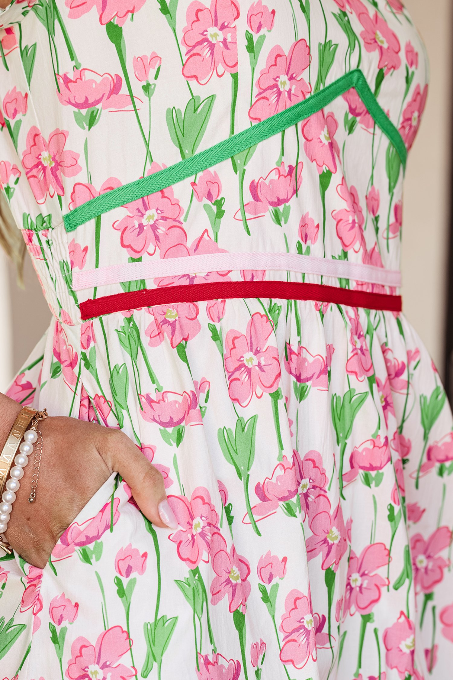 Pink Floral Print Contrast Trim V Neck Short Sleeve Elegant Midi Dress - Image 8