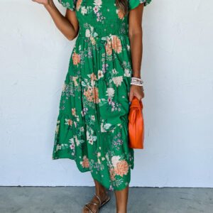 Green Floral Print Bubble Sleeve Smocked Tiered Midi Dress