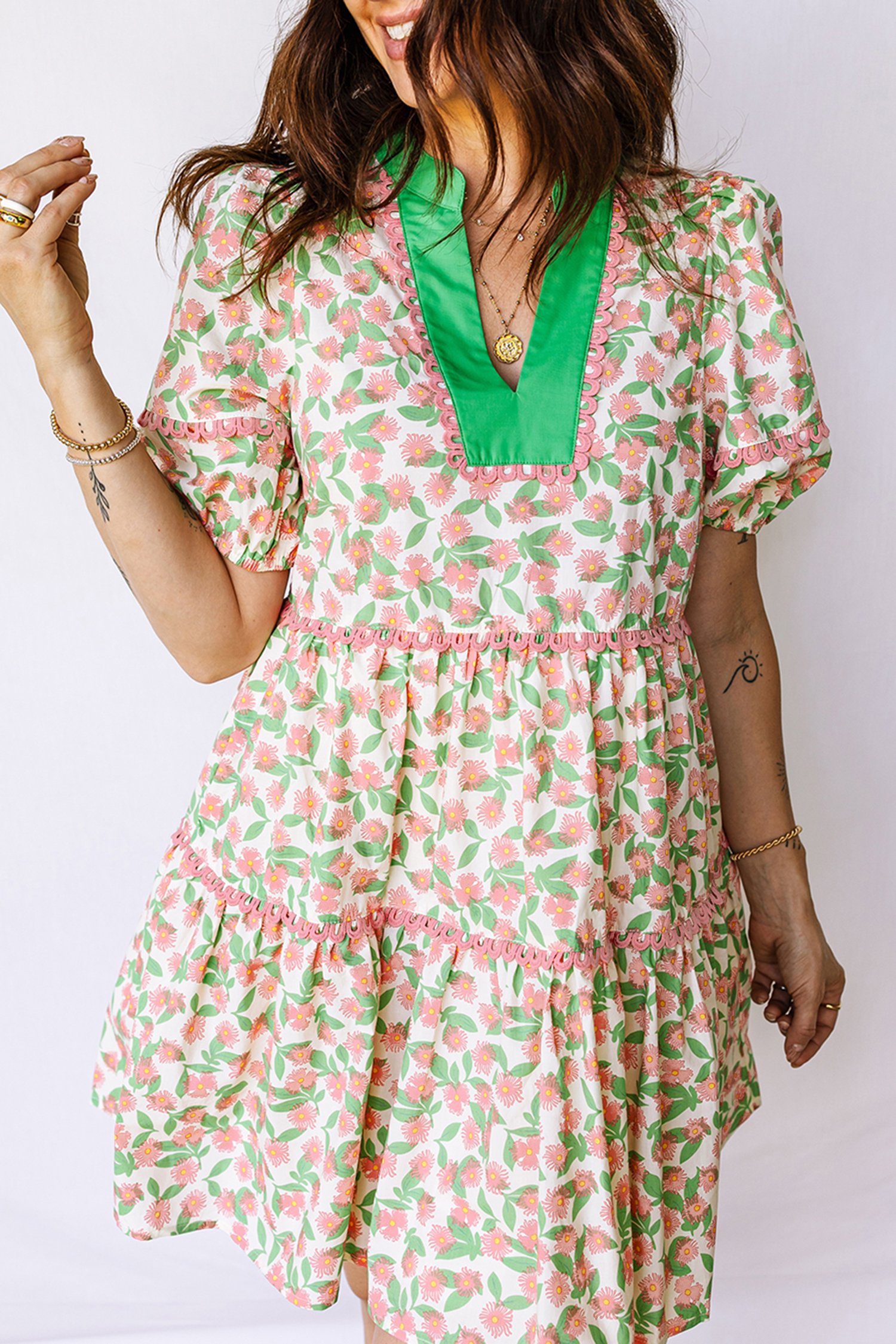 Green Contrast Neckline Ricrac Trim Floral Short Puff Sleeve Dress - Image 4