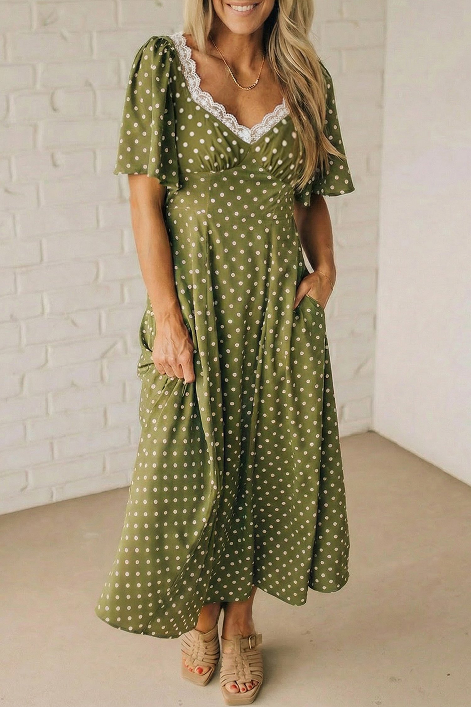 Green Polka Dot Print Lacy Neckline Smocked High Waist Maxi Dress - Image 8
