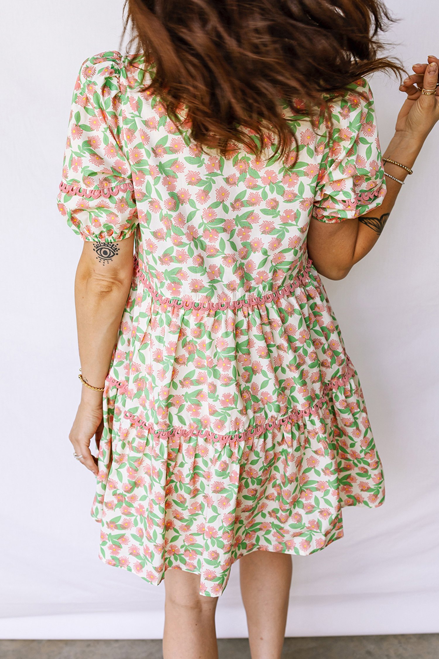 Green Contrast Neckline Ricrac Trim Floral Short Puff Sleeve Dress - Image 2