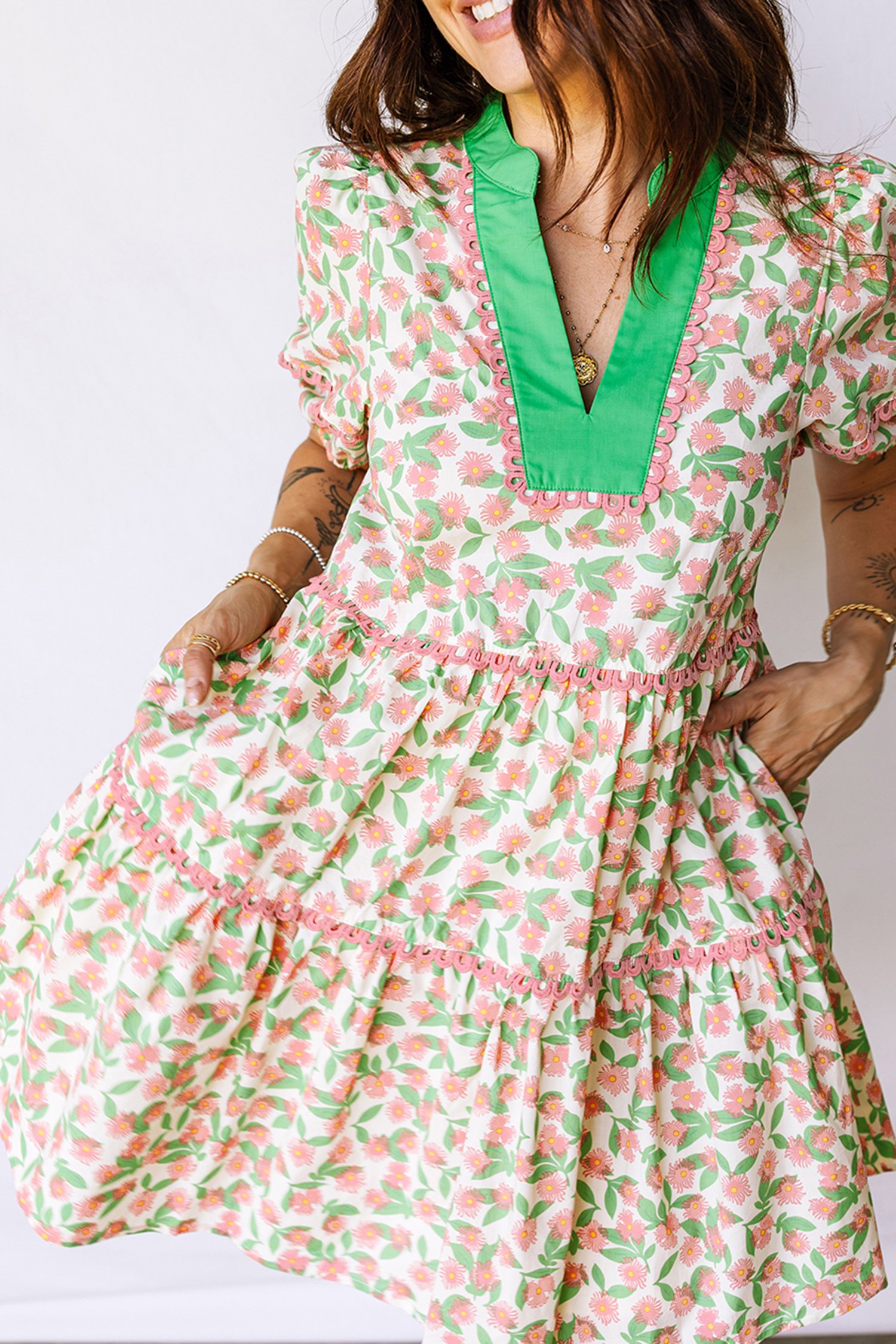 Green Contrast Neckline Ricrac Trim Floral Short Puff Sleeve Dress - Image 3