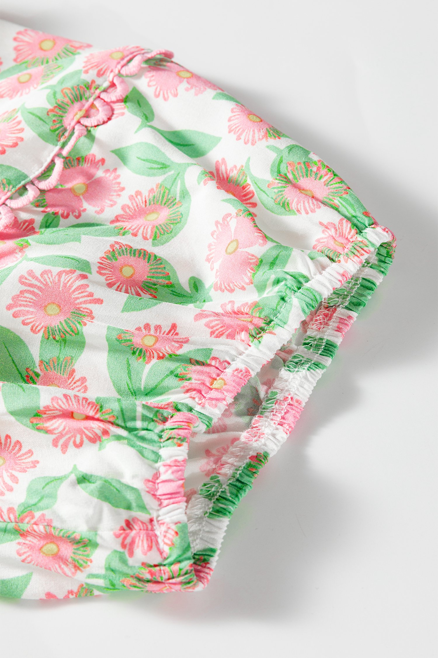 Green Contrast Neckline Ricrac Trim Floral Short Puff Sleeve Dress - Image 8