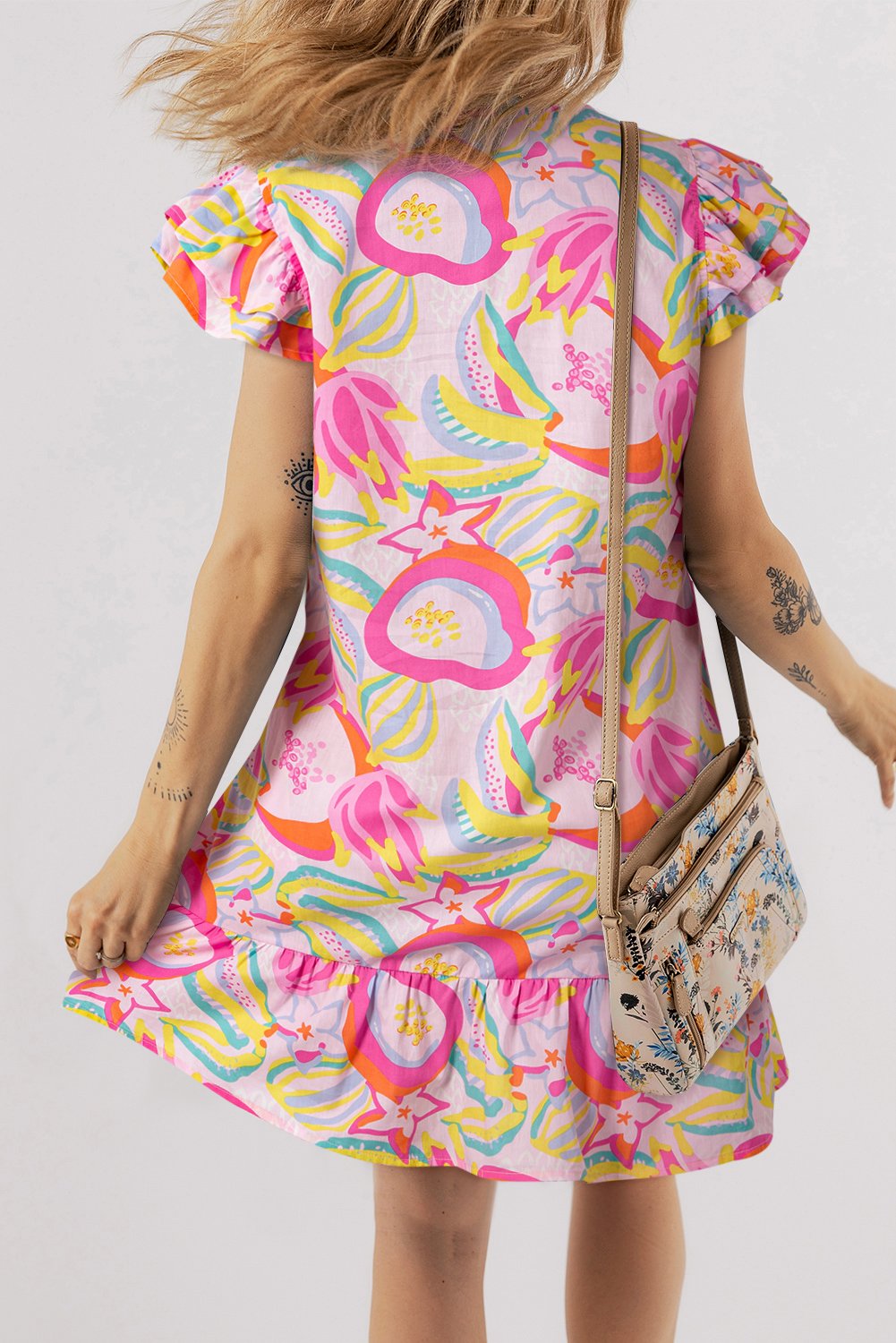 Pink Abstract Floral Ruffle Trim Flutter Sleeve Buttoned Dress - Image 2