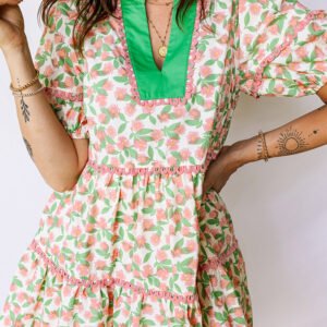 Green Contrast Neckline Ricrac Trim Floral Short Puff Sleeve Dress