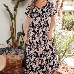 Blue Short Sleeve Smocked Detail High Waist Floral Maxi Dress