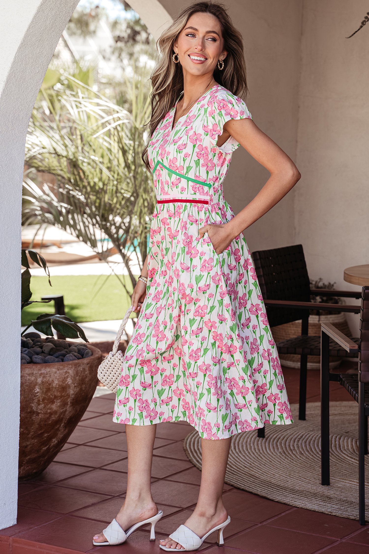 Pink Floral Print Contrast Trim V Neck Short Sleeve Elegant Midi Dress - Image 3