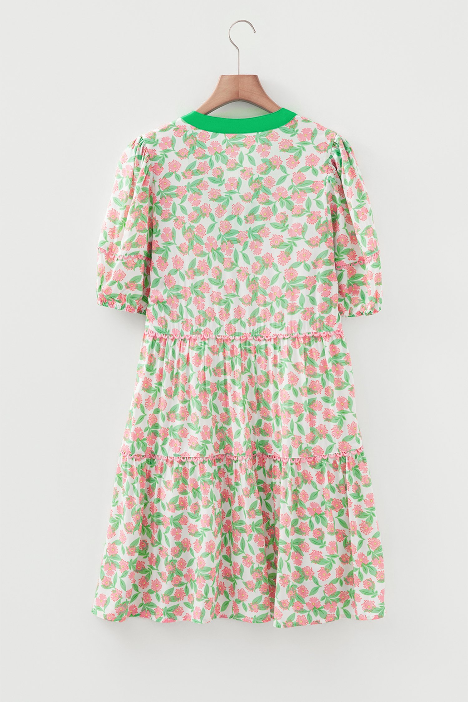 Green Contrast Neckline Ricrac Trim Floral Short Puff Sleeve Dress - Image 7