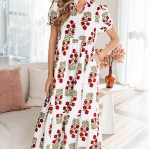 Beige Floral Short Bubble Sleeve Tiered Maxi Dress