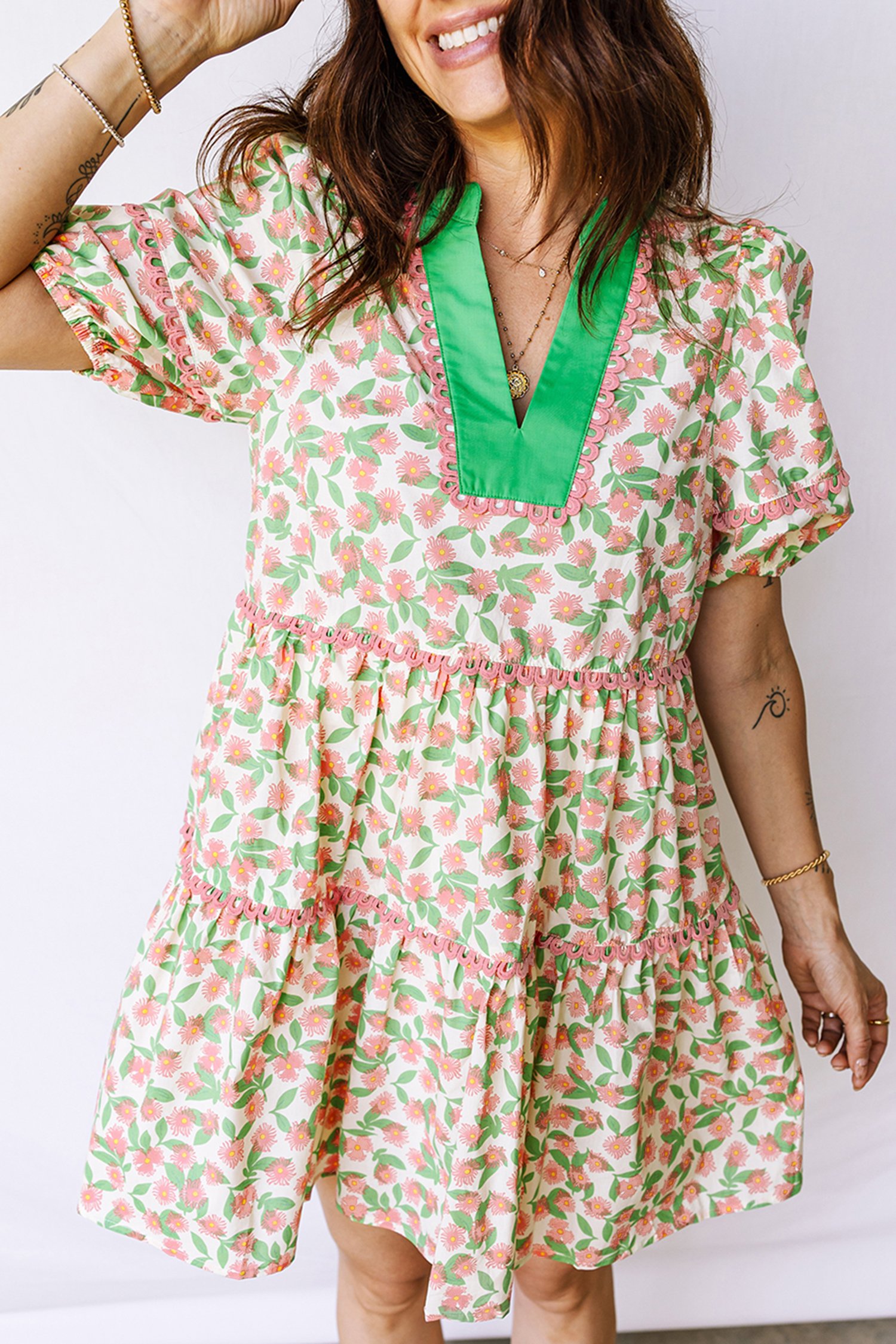 Green Contrast Neckline Ricrac Trim Floral Short Puff Sleeve Dress - Image 5
