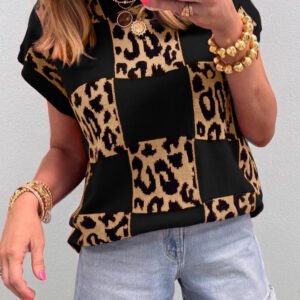 Black Leopard Checkerboard Short Sleeve Knit Sweater