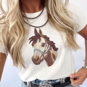 White Wild West Horse Head Printed Short Sleeve Sweater