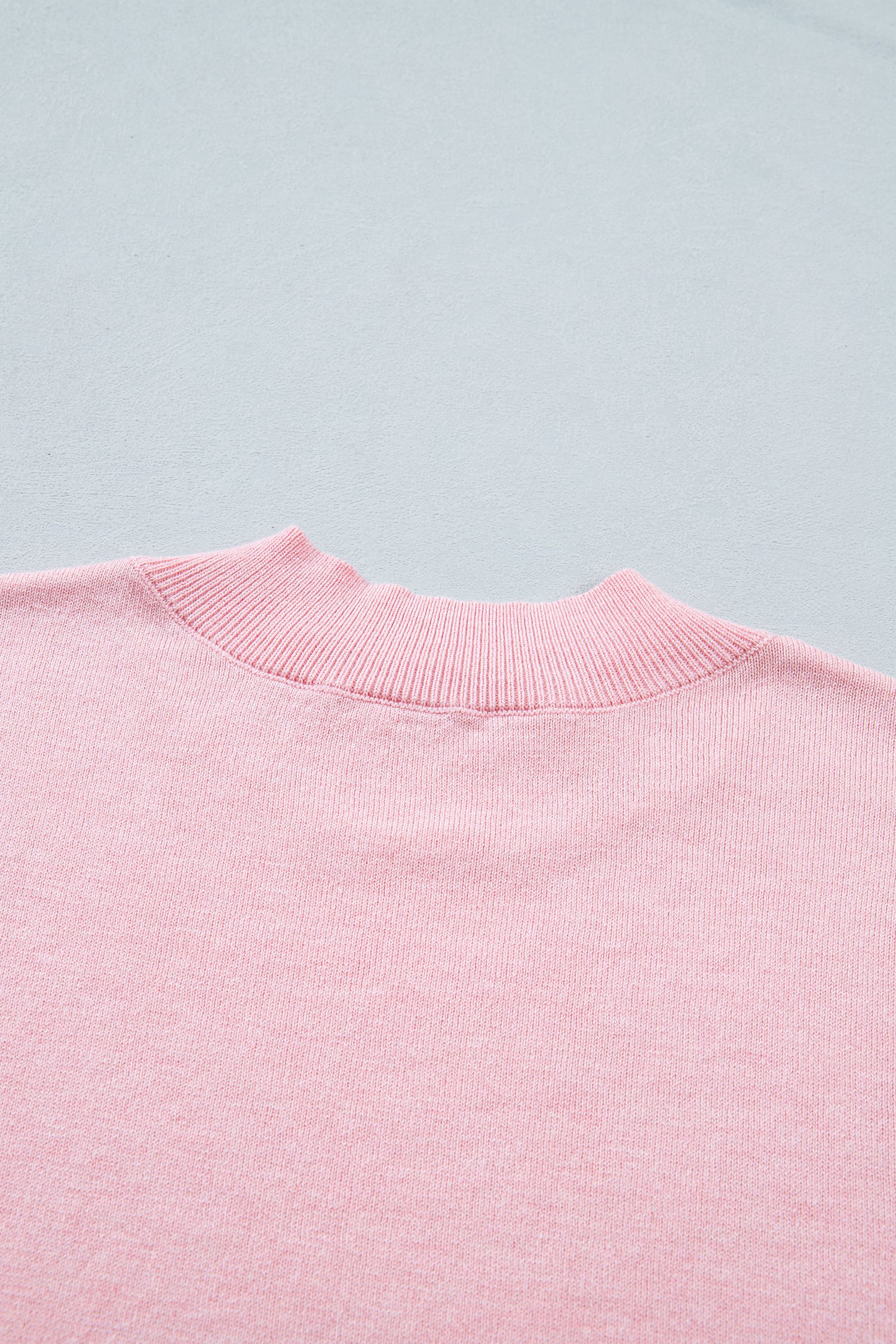 Pink Stand Neck Contrast Wavy Trim Short Sleeve Sweater - Image 6