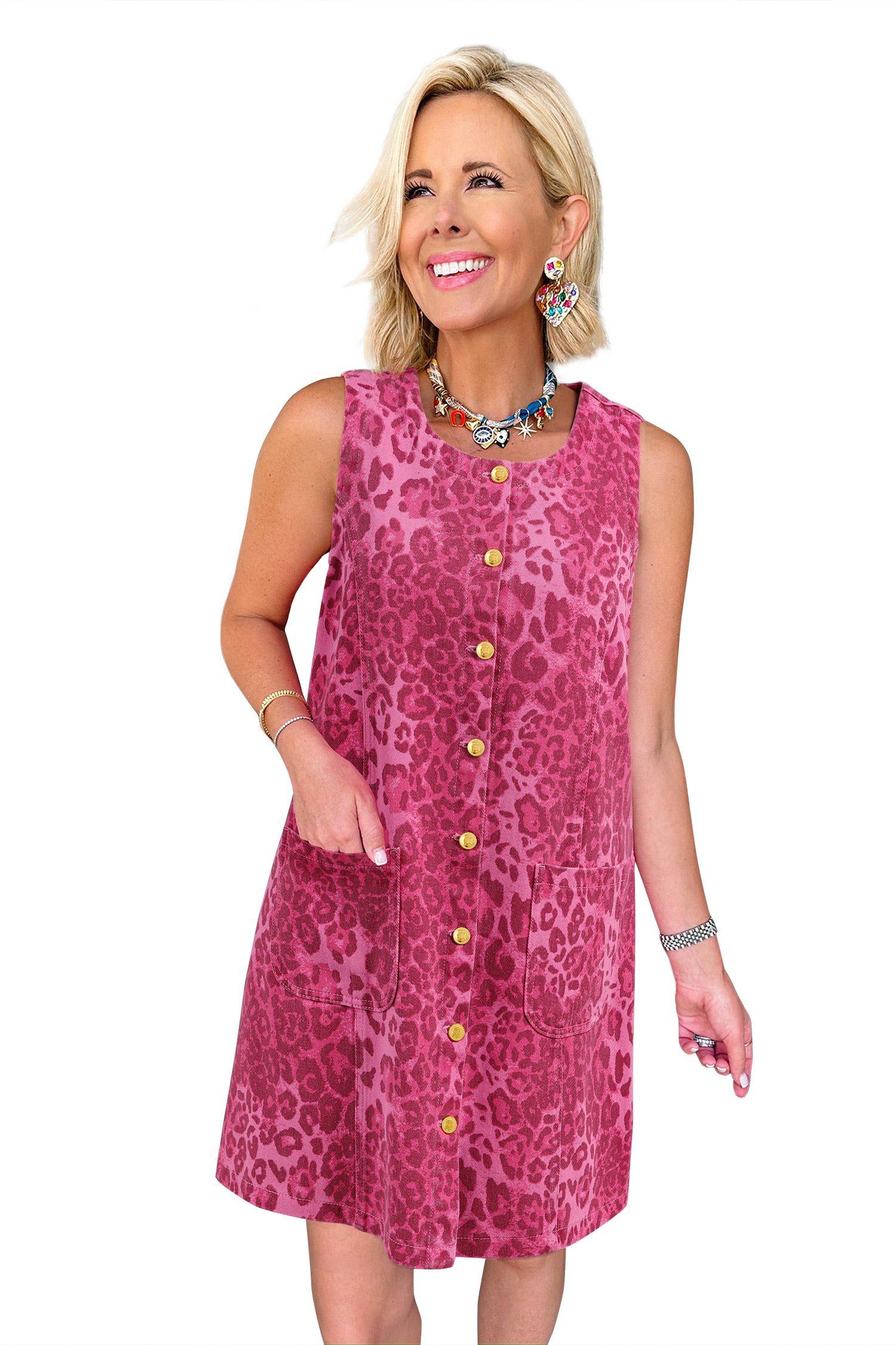 Pink Leopard Denim Buttoned Shift Sleeveless Dress - Image 17