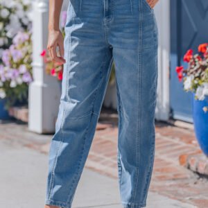 Sky Blue Medium Wash Cuffed Barrel Jeans