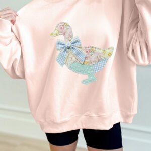 Apricot Pink Bow Knot Duck Faux Patchwork Printed Mock Neck Sweatshirt