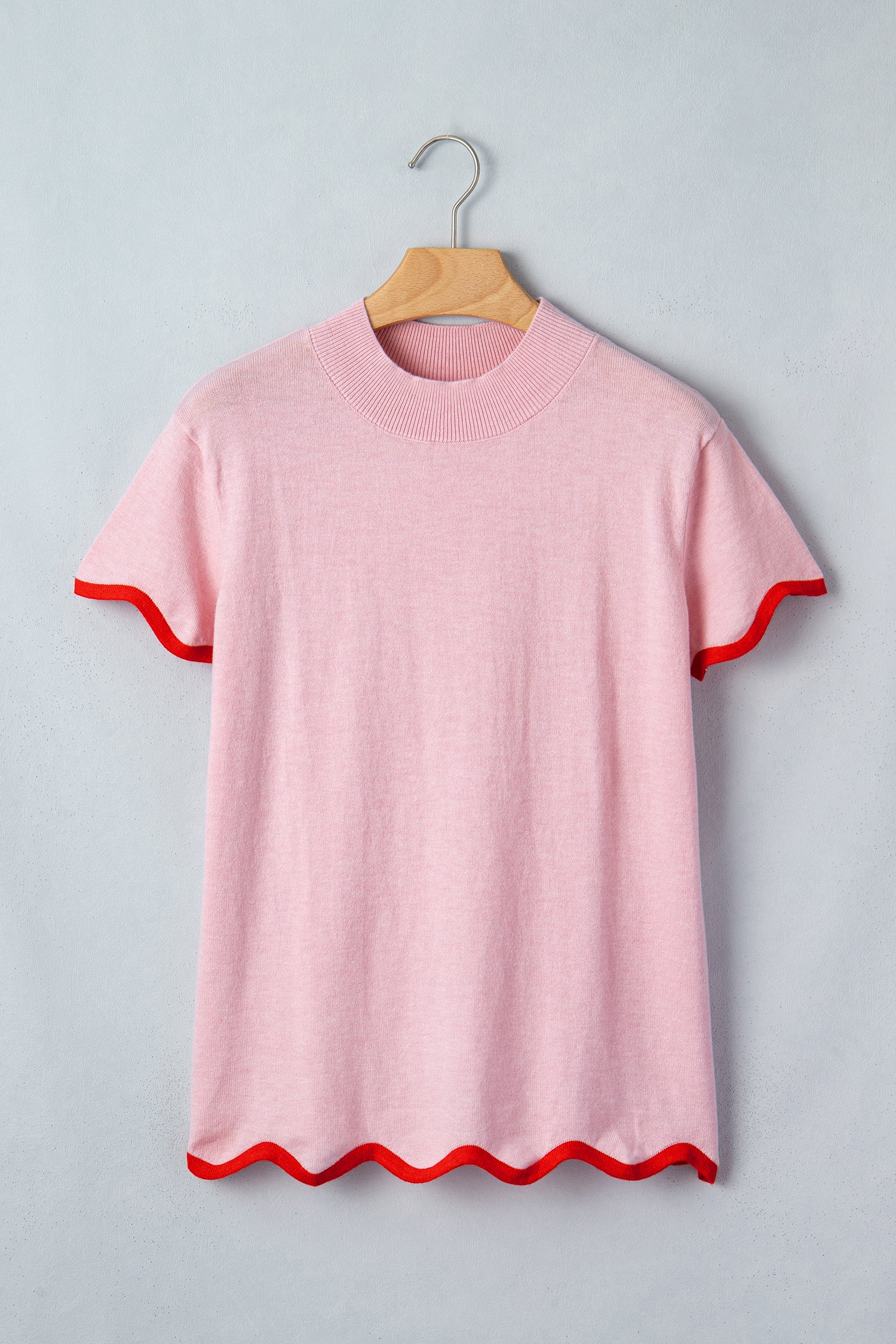 Pink Stand Neck Contrast Wavy Trim Short Sleeve Sweater - Image 3