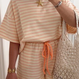 Pink Stripe Contrast Neck Loose Tee and Drawstring Shorts Set