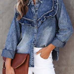 Dusk Blue Vintage Wash Denim Ruffle Detail Button Down Shirt