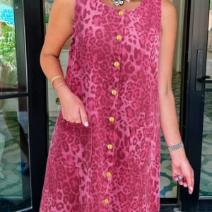 Pink Leopard Denim Buttoned Shift Sleeveless Dress