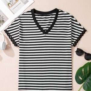 Black Striped Print V Neck Delicate Trim Casual Tee