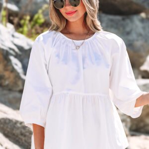 White Bow Knot Cutout Back Loose Fit 3/4 Sleeve Blouse