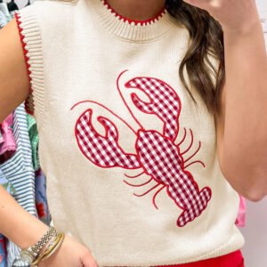 Beige Plaid Crawfish Crew Neck Knit Sweater Vest