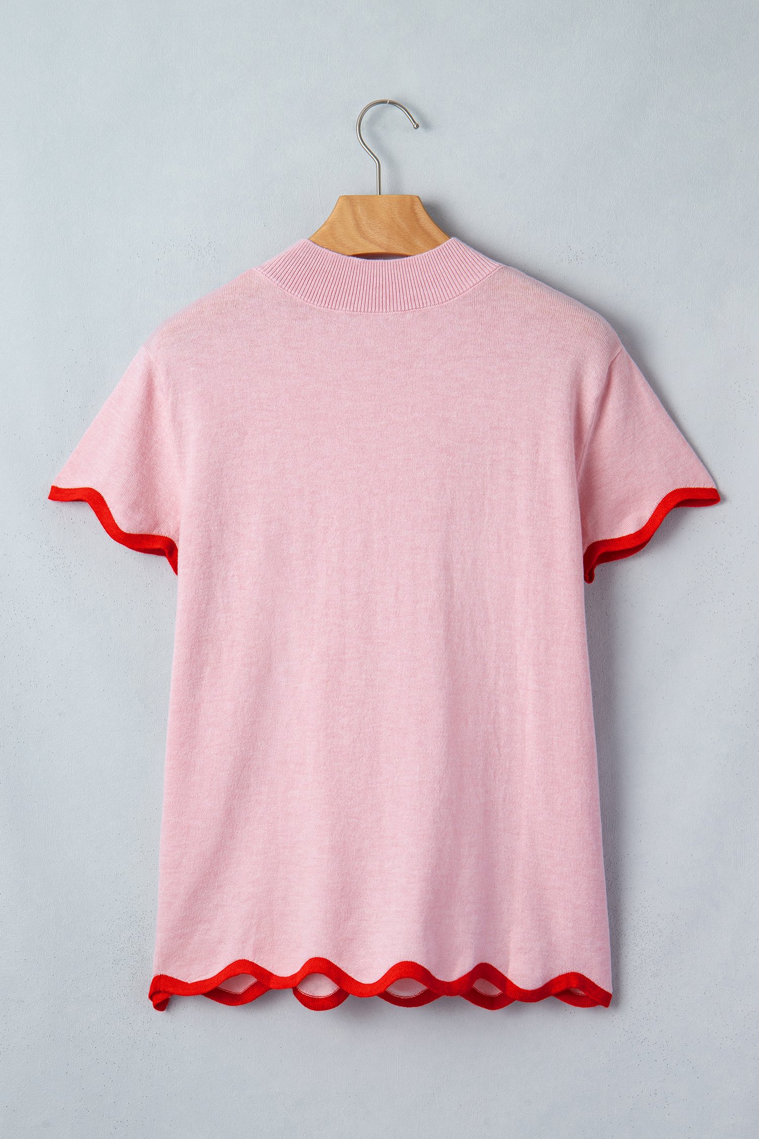 Pink Stand Neck Contrast Wavy Trim Short Sleeve Sweater - Image 4