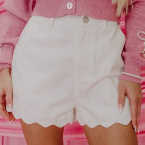 White Scalloped Hemline Acid Wash High Waist Denim Shorts