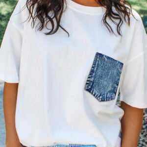 White Color Block Chest Pocket Patched Casual Short Sleeve Top