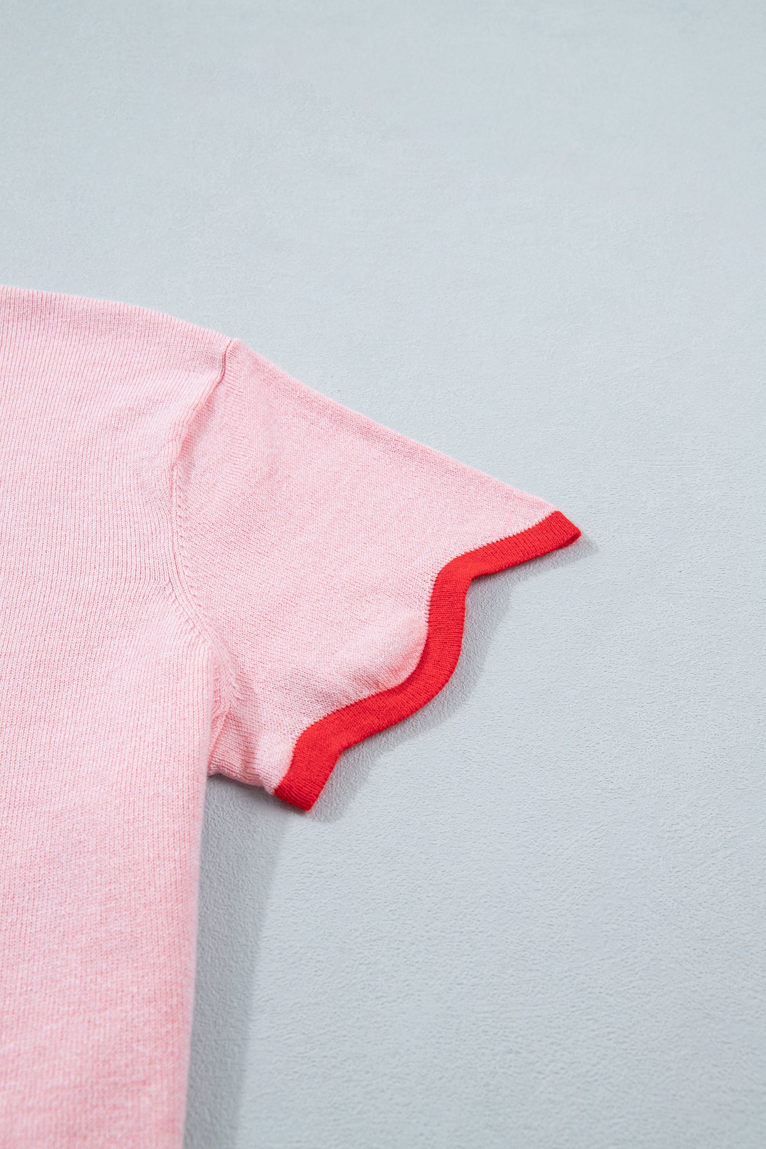 Pink Stand Neck Contrast Wavy Trim Short Sleeve Sweater - Image 7