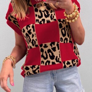 Red Leopard Checkerboard Short Sleeve Knit Sweater