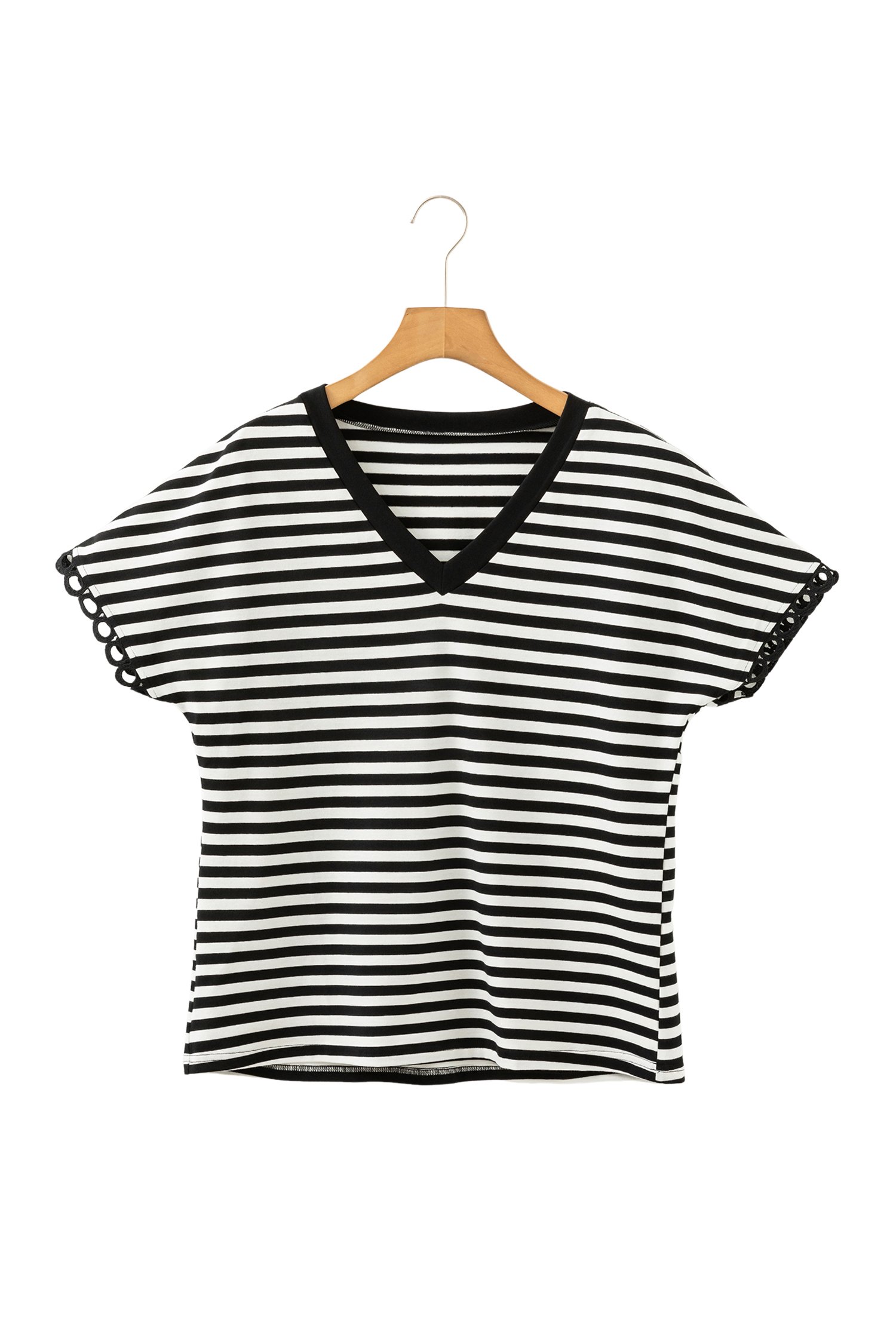 Black Striped Print V Neck Delicate Trim Casual Tee - Image 16