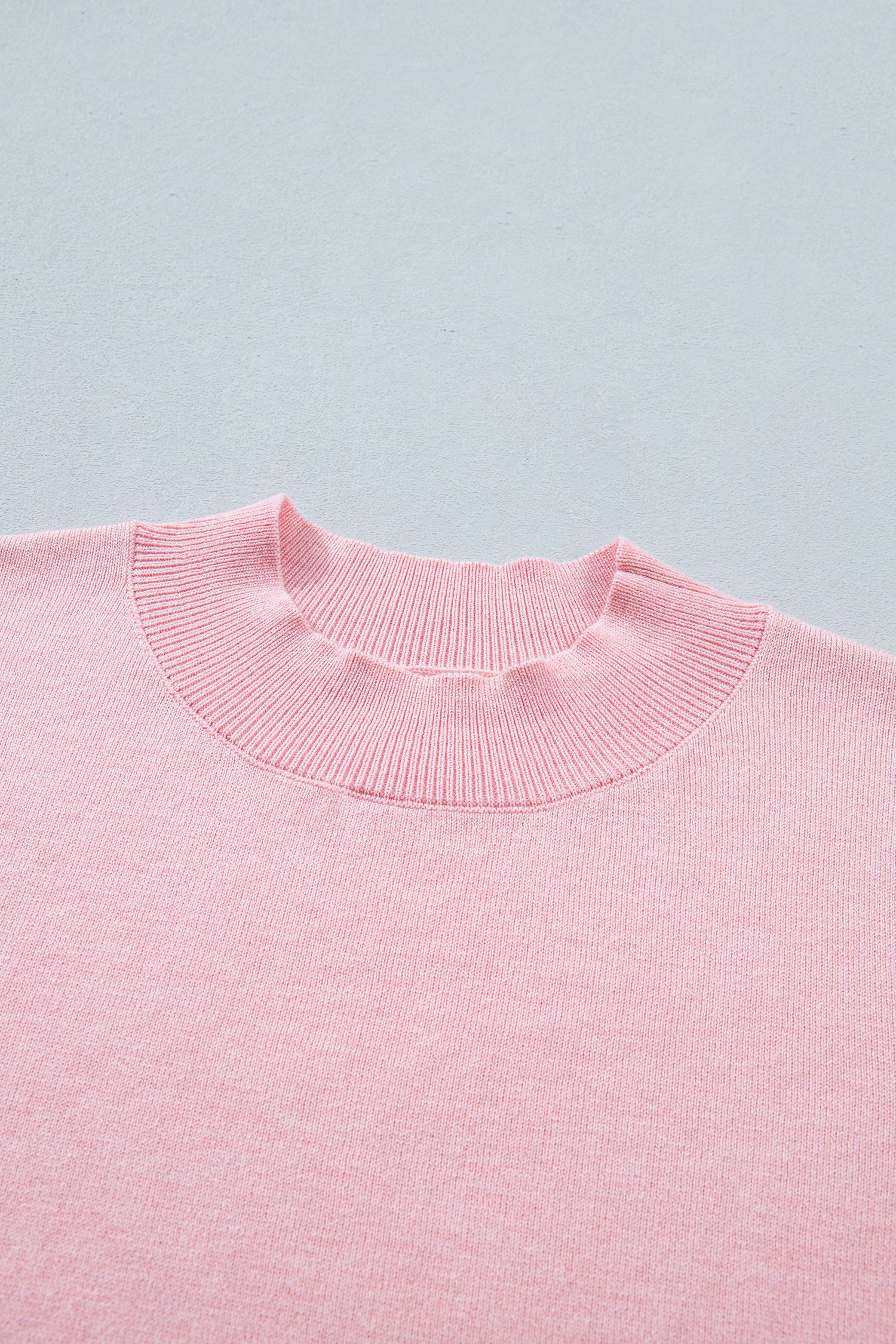 Pink Stand Neck Contrast Wavy Trim Short Sleeve Sweater - Image 5