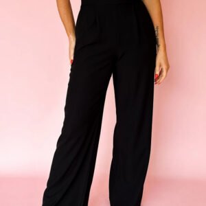 Black Pleated Detail Pull On High Elastic Waist Loose Straight Pants