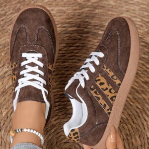Coffee Contrast Lace-up Leopard Patchwork Detail Faux Suede Shoes