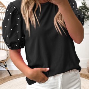 Black Ribbed Pearl Beaded Puff Sleeve Top