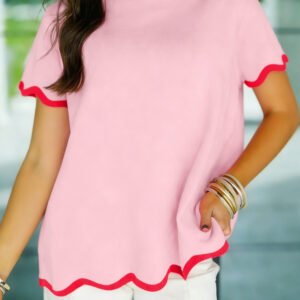 Pink Stand Neck Contrast Wavy Trim Short Sleeve Sweater