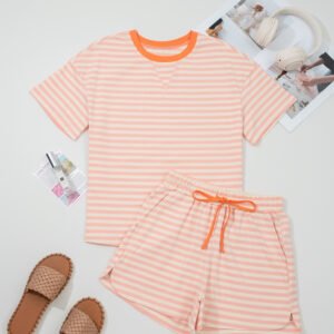 Pink Stripe Contrast Neck Loose Tee and Drawstring Shorts Set