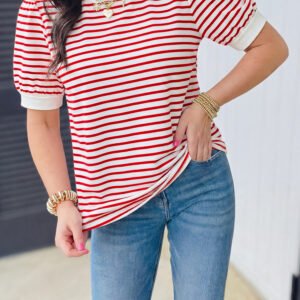 Red Stripe Contrast Trim Round Neck Short Puff Sleeve T Shirt