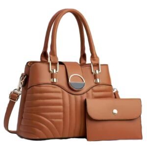 Dives Luxury 2-Piece Handbag Set - Quilted Cognac Vegan Leather Satchel with Matching Wallet