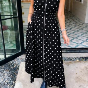 Black Polka Dot Print Contrast Trim V Neck Zip Up Sleeveless Dress