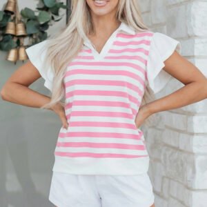 Pink Stripe Collar V Neck Ruffled Short Sleeve Blouse