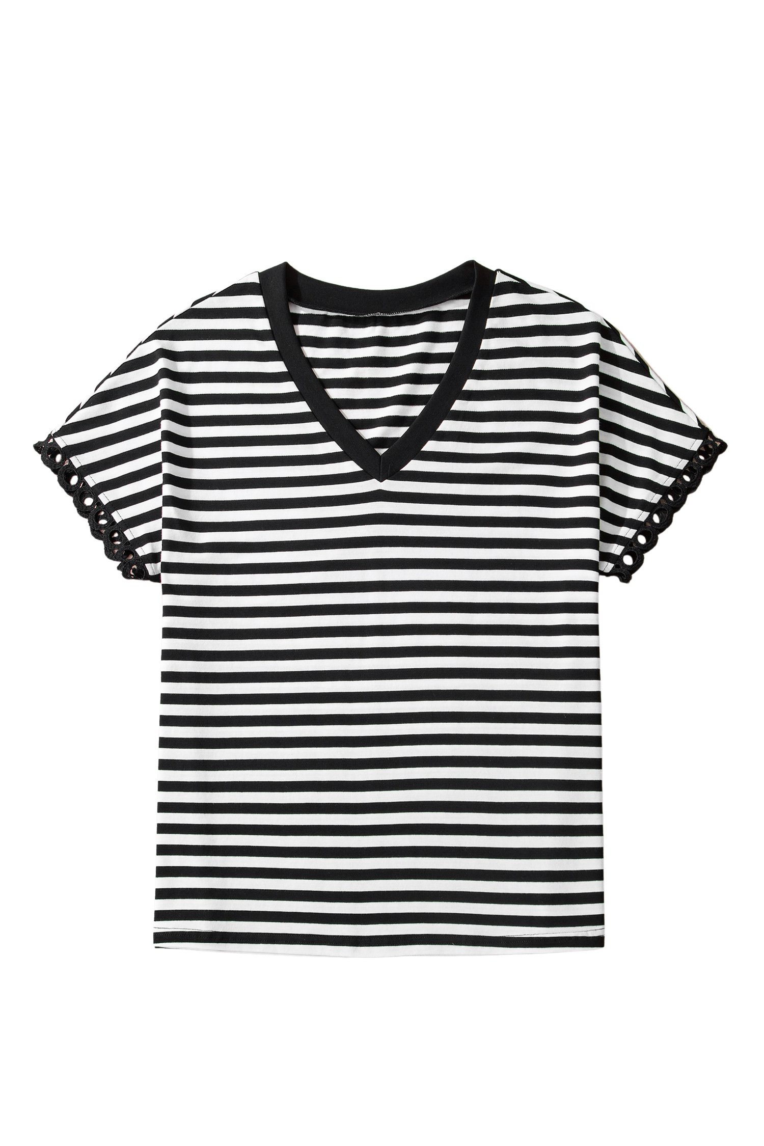 Black Striped Print V Neck Delicate Trim Casual Tee - Image 15