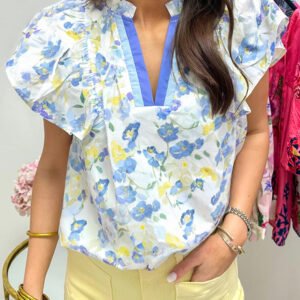 Sky Blue Floral Print Frilled Notched V Neck Blouse